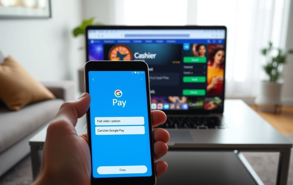 Person med Android-mobil som viser Google Pay-betaling på et casino, med laptop i bakgrunnen.