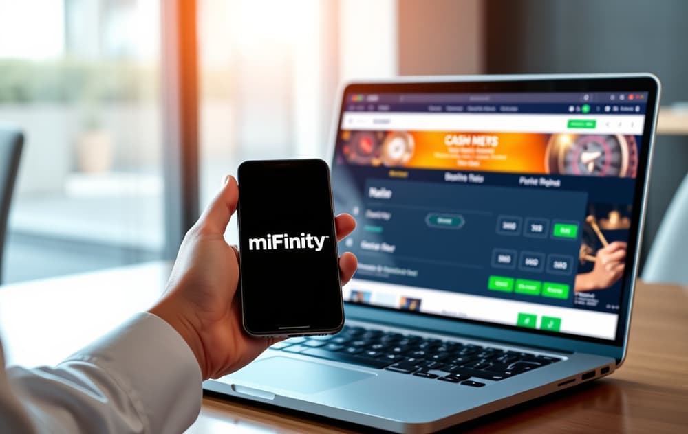 Person som bruker MiFinity på mobil for å sette inn penger på et nettcasino.