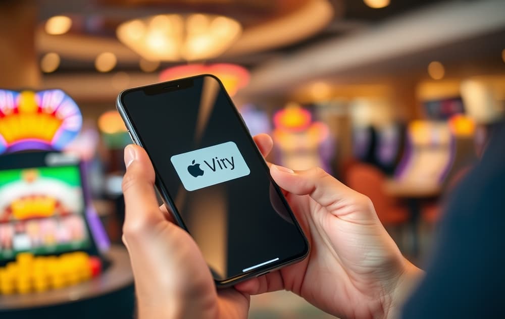 Person som holder en mobiltelefon med betalingsskjerm på et nettcasino, med Vipps-logo synlig.