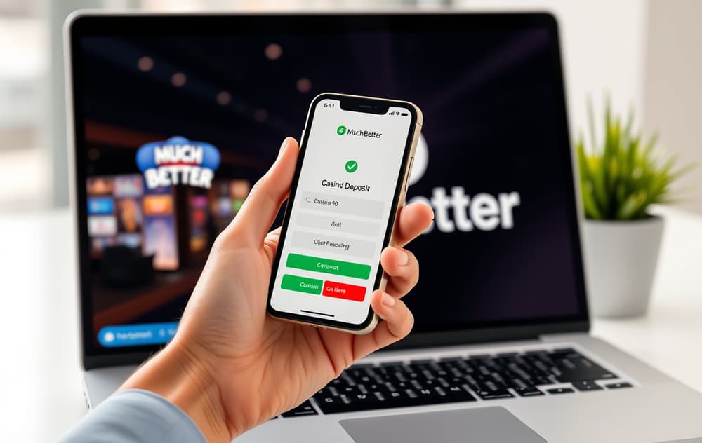 Person som holder en mobiltelefon med MuchBetter-appen, med et casino i bakgrunnen på en dataskjerm.