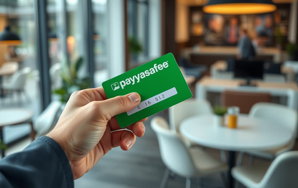 Hånd som holder en Paysafecard-kupong foran en mobil med casino-app