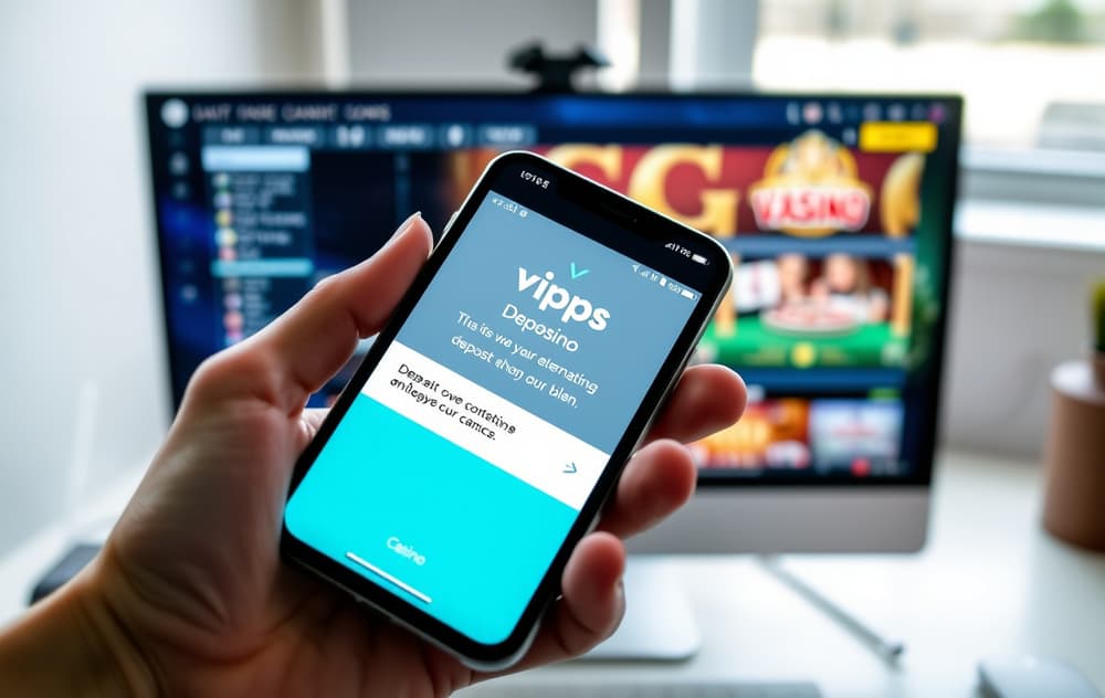 Person som holder mobil med Vipps-appen åpen for casino-innskudd