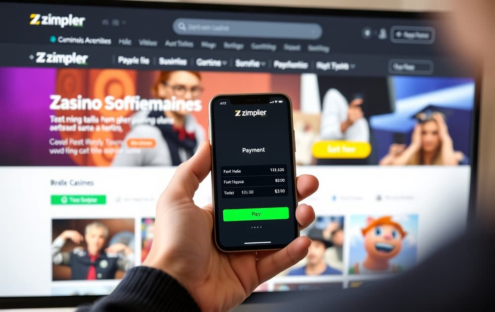 Person som betaler med Zimpler på mobilen på et nettcasino.