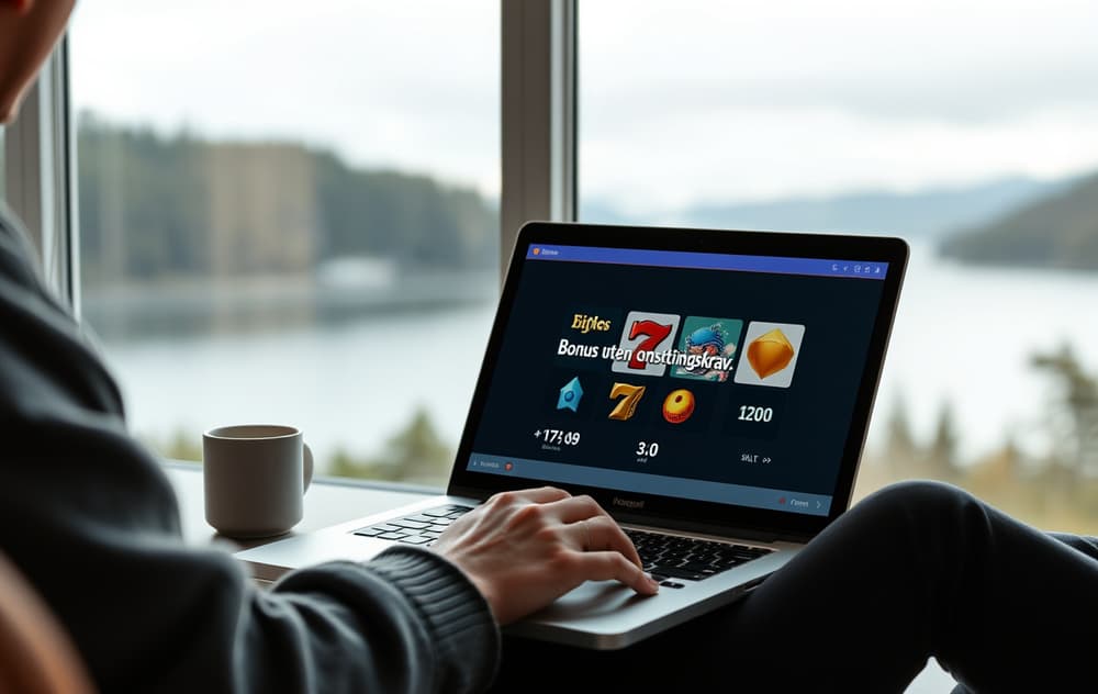 Spiller foran laptop med bonus tilbud uten omsetningskrav