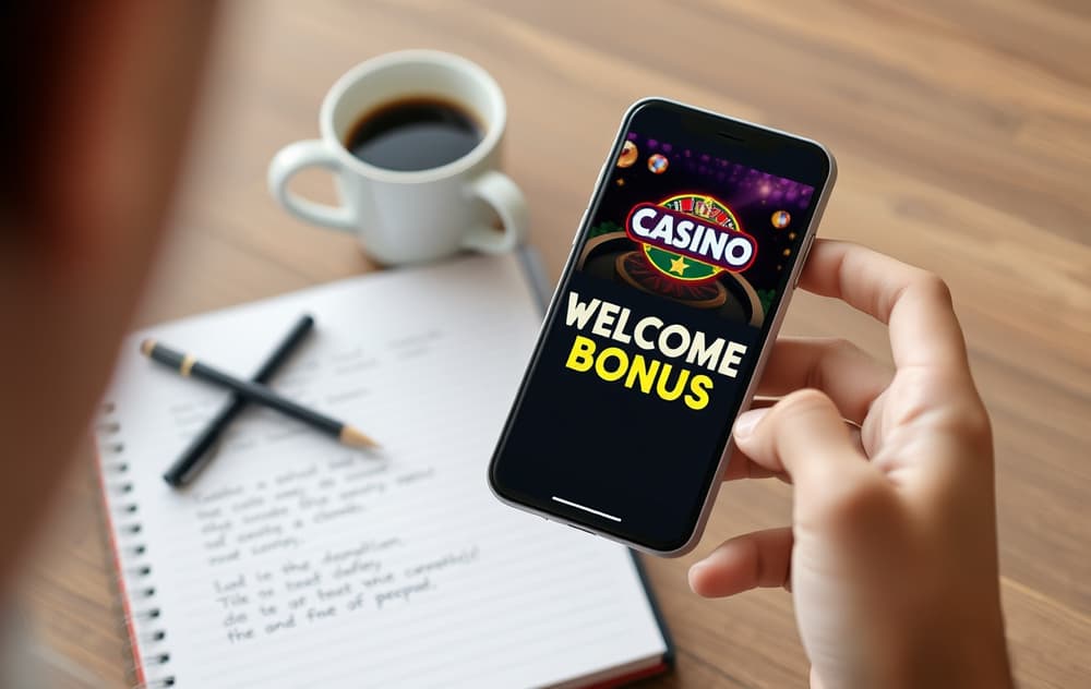 Person med smarttelefon som viser en velkomstbonus på et casino, med notatblokk og kaffekopp på bordet.
