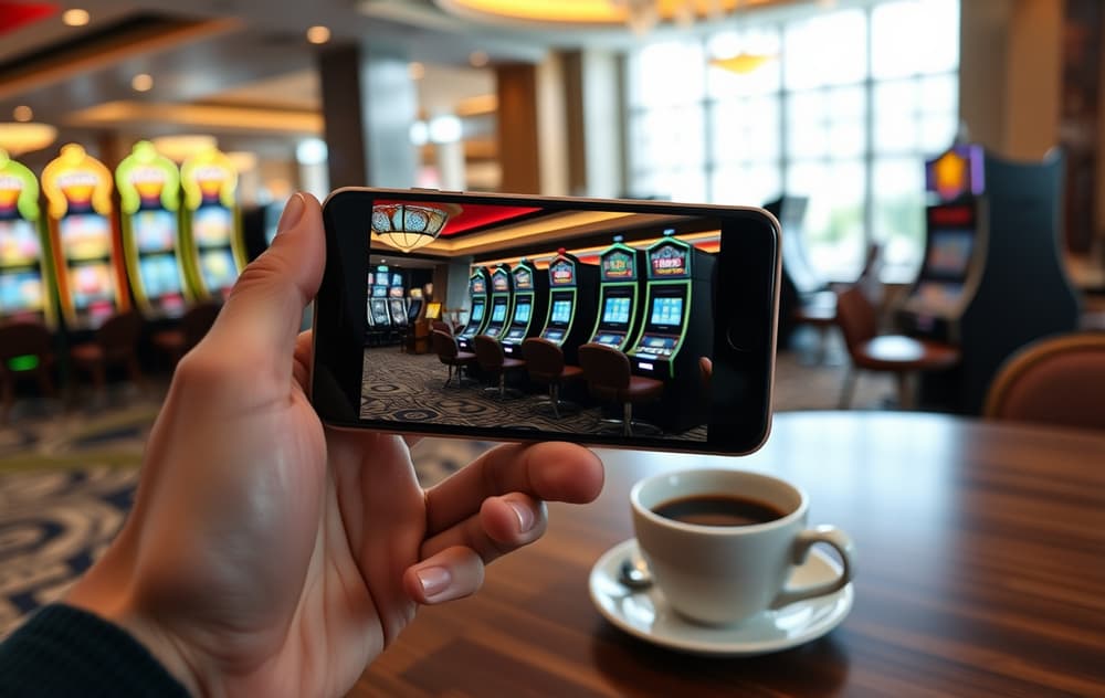 Mobil med casinospill vist, kaffekopp på bordet