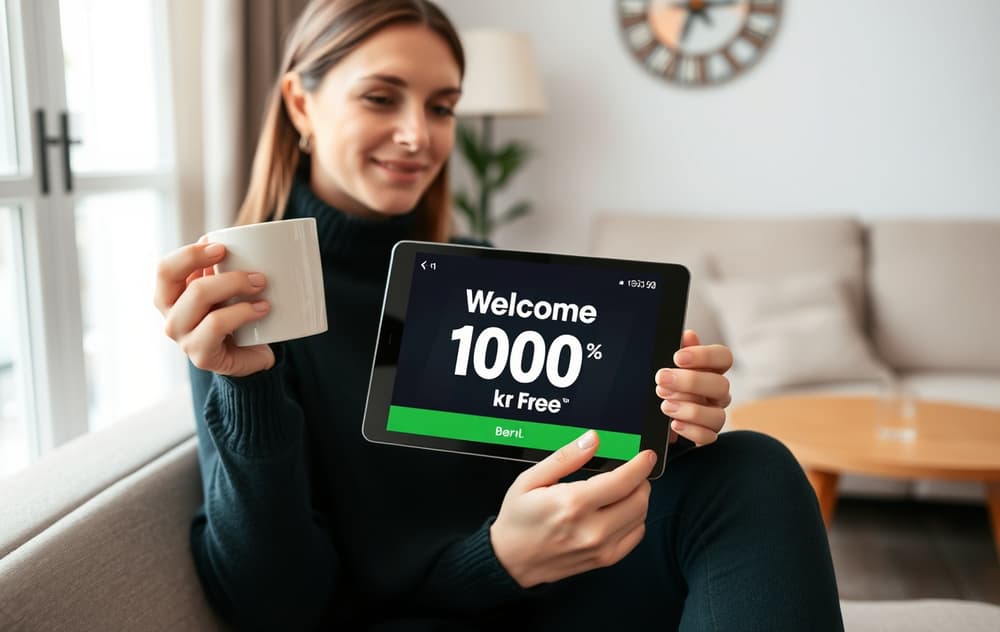 Person som holder nettbrett med gratis casino-bonus 100 kr uten innskudd på skjermen