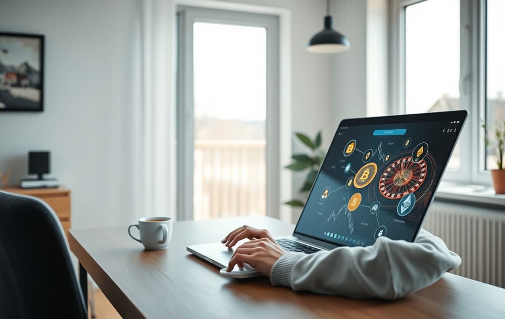 Person som sammenligner kryptocasinoer på laptop med kryptovaluta-symboler
