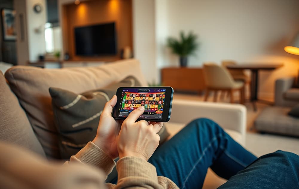 Person spiller mobilcasino i stuen.