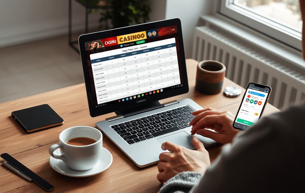 En person som sammenligner nettcasinoer på en laptop med kaffekopp og mobiltelefon