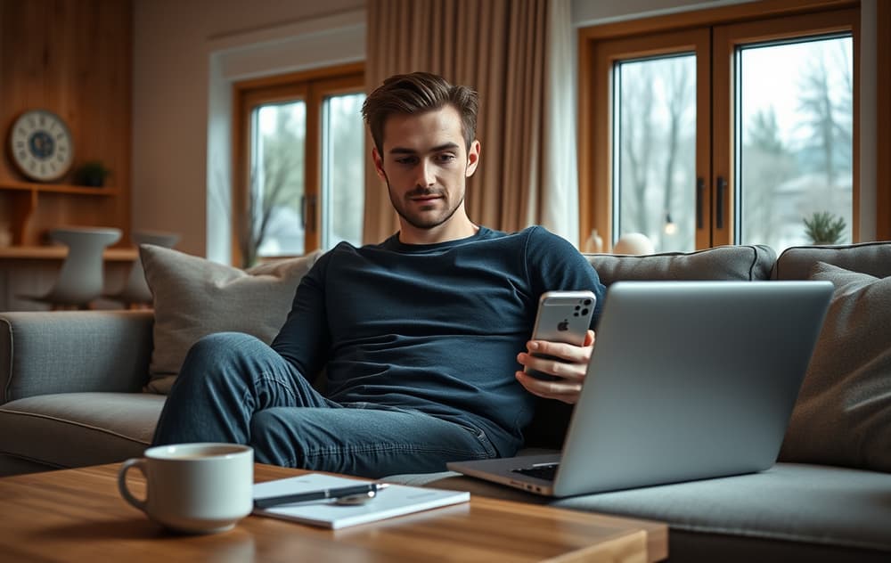 Ung mann sitter i stue og sjekker odds på nye bettingsider på laptop.