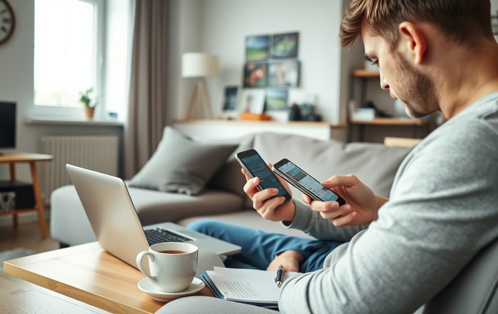 Person som sammenligner odds på laptop og mobil i en moderne norsk stue