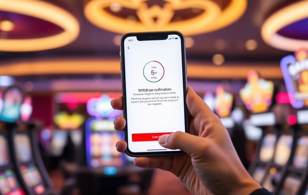 Person med mobil som viser uttak bekreftet på 5 minutter, med uskarpt casino bakgrunn.