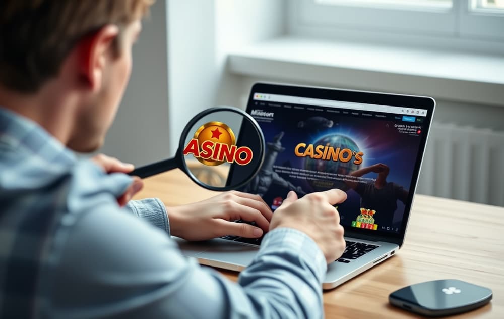 En person som sammenligner to casino-nettsider med forstørrelsesglass, fokus på lisenslogo og vilkår.