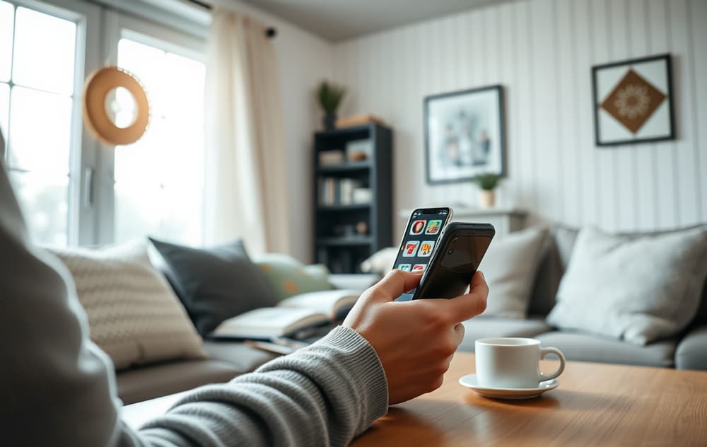 Norsk spiller med mobil og kaffekopp, casinospill på nett.