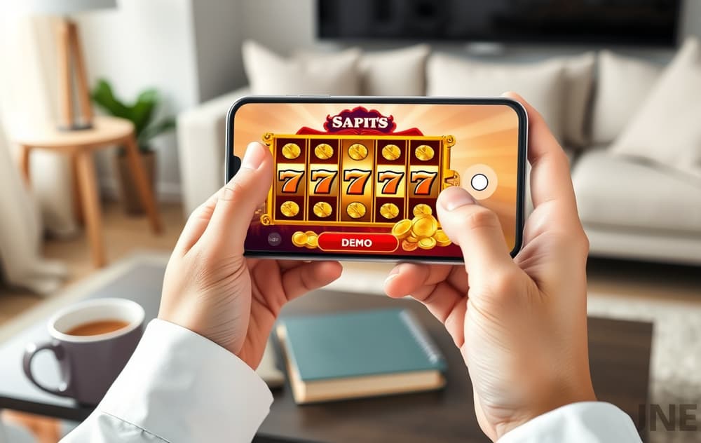 En person spiller gratis spilleautomater på mobilen i demomodus, med virtuelle mynter og en kopp kaffe ved siden av.