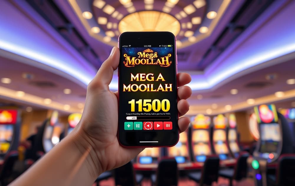 Person som holder en mobiltelefon med et progressivt jackpot-spill på skjermen, i et dempet casino-miljø